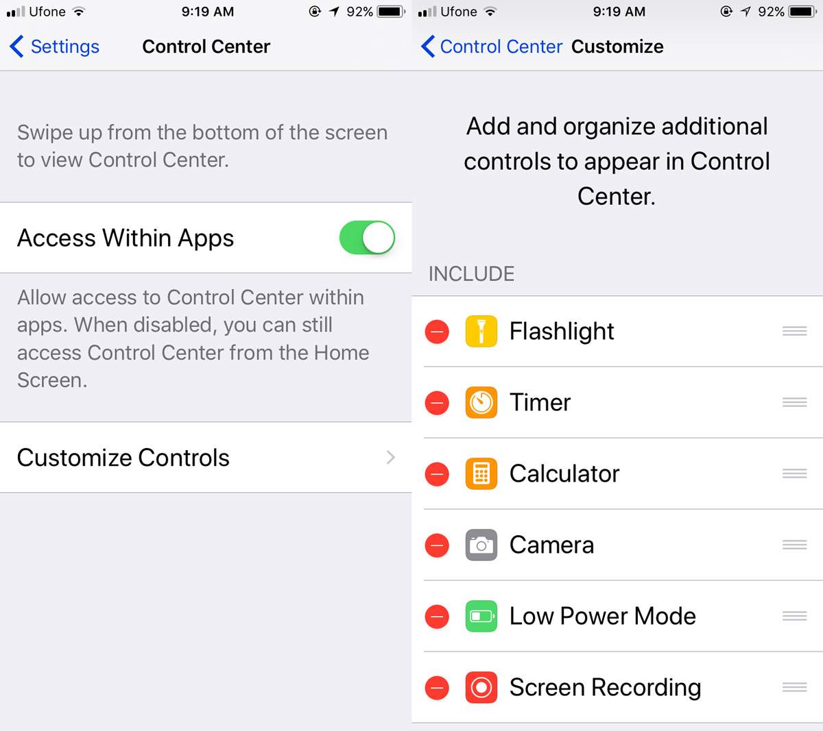 تخصيص مركز التحكم في iOS 11