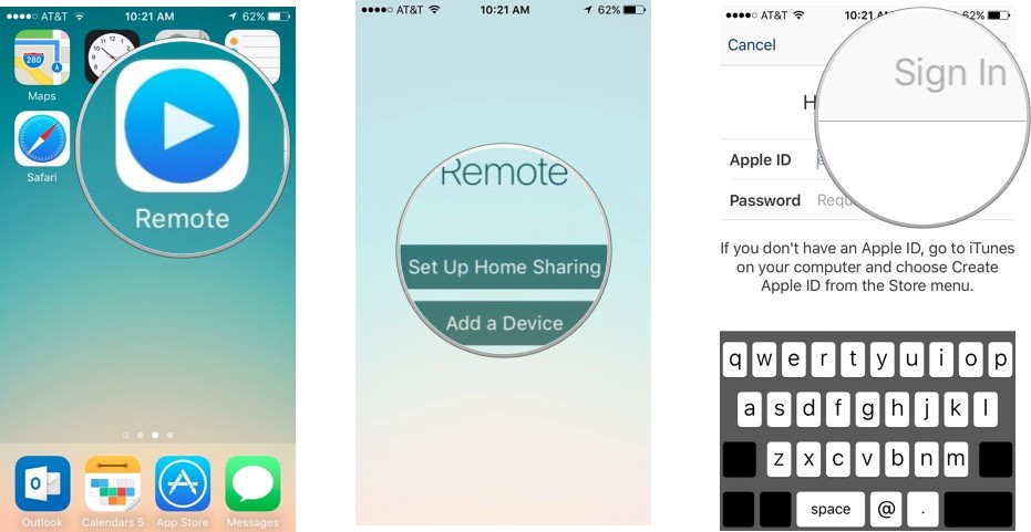 Remote app sign in to Home Sharing iPhone