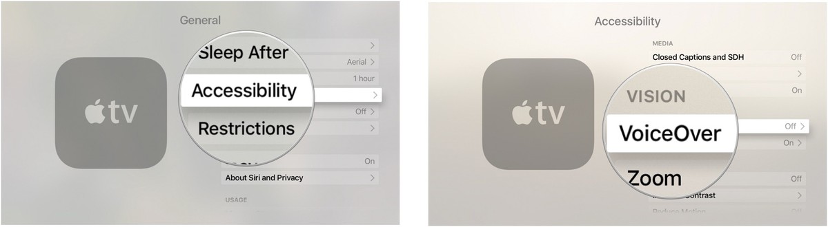 Accessibility select voiceover Apple TV