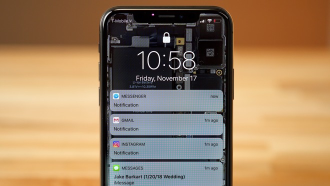 محتوى الإشعارات على شاشة القفل في هاتف iPhone X