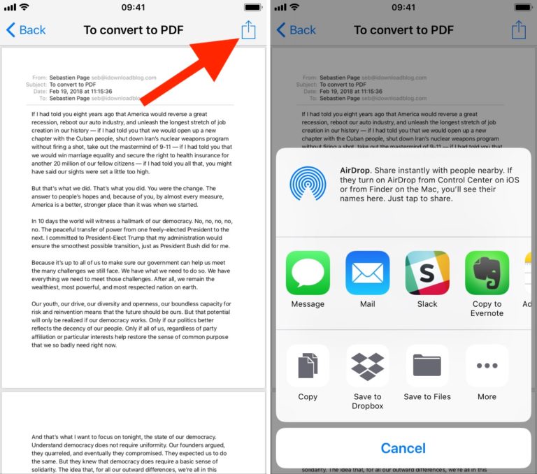 حفظ البريد الإلكتروني الخاص بك كملف PDF على نظام iOS