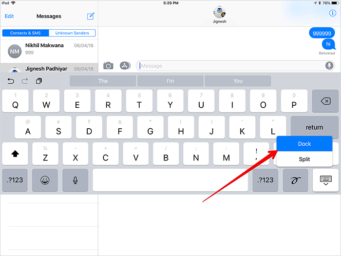 تحريك لوحة مفاتيح iPad على الشاشة