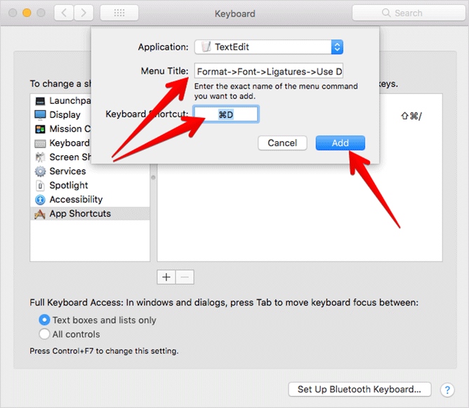 إنشاء اختصارات لوحة مفاتيح مُخصّصة على حاسب macOS