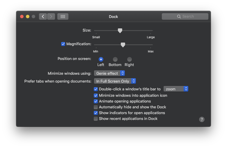 تكبير الرموز في شريط التطبيقات Dock Magnification