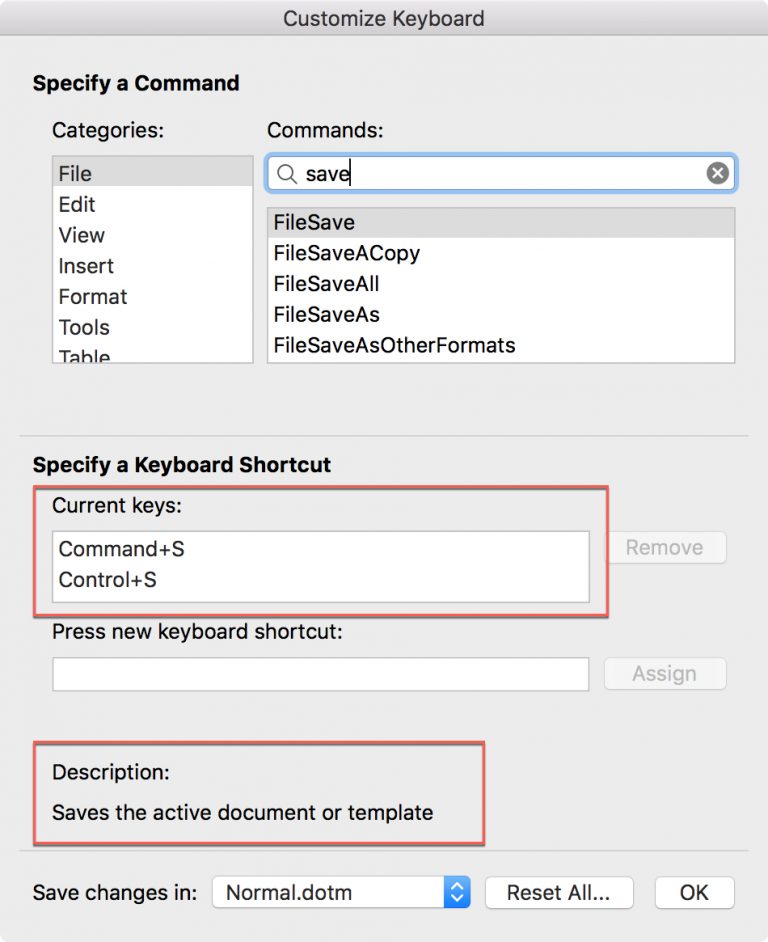 تخصيص اختصارات لوحة مفاتيح تطبيق Microsoft Word على نظام macOS