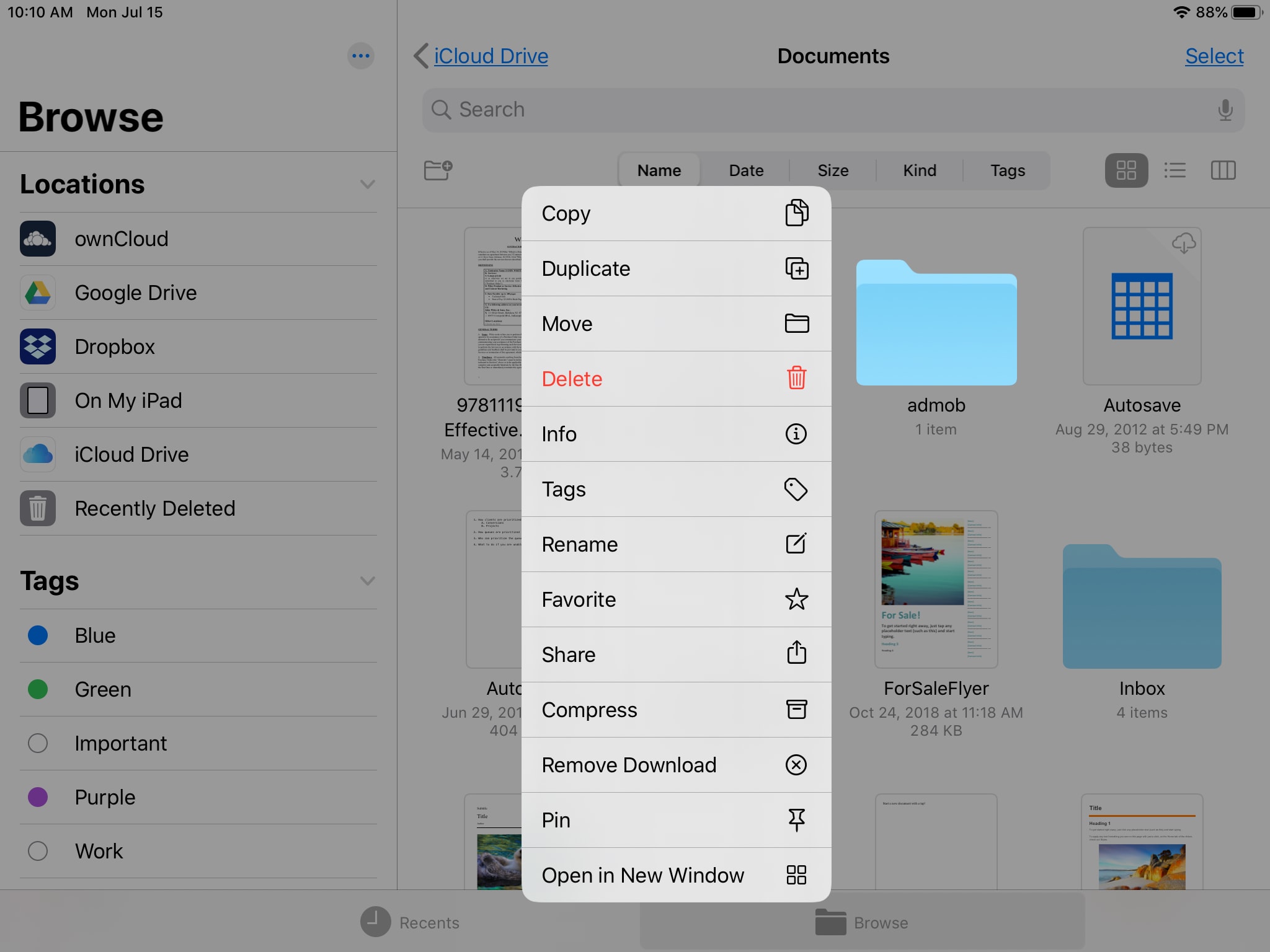 الإجراءات السريعة في تطبيق Files على iPad