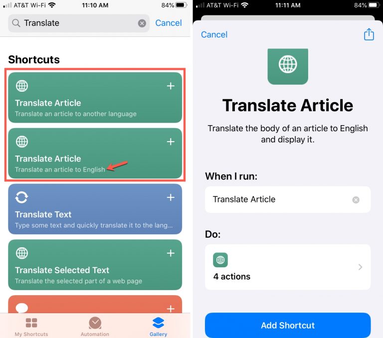 تطبيق Shortcut لترجمة المقالات في Safari
